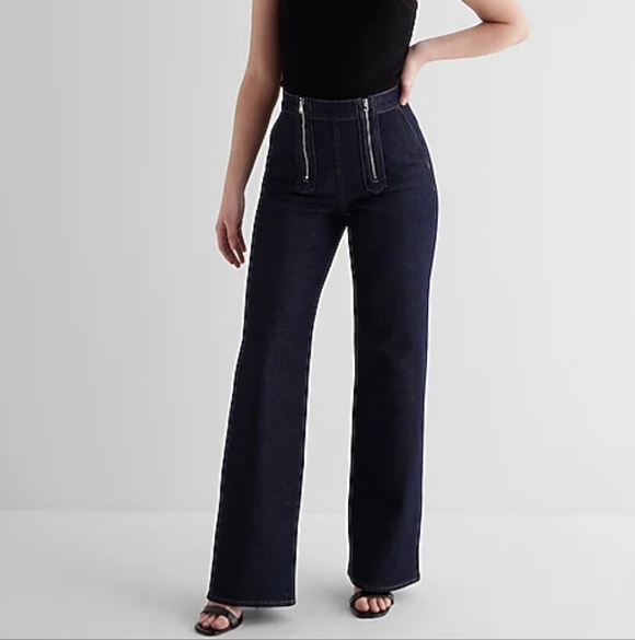 Express High Waisted Rinse Exposed Double Zipper Wide Leg Jeans - Picture 5 of 10
